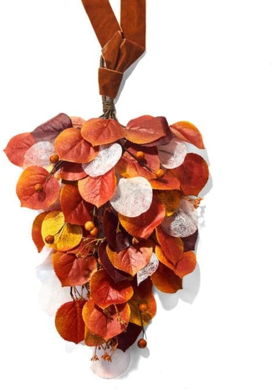 Realistic Autumn Leaves & Orange Pip Berry, Brown Velvet Ribbon, Teardrop Wreath for Modern Fall Decor, Front Door, Window or Thanksgiving Mantle